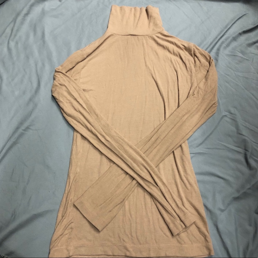 Tan Ribbed Turtleneck Long Sleeve Top